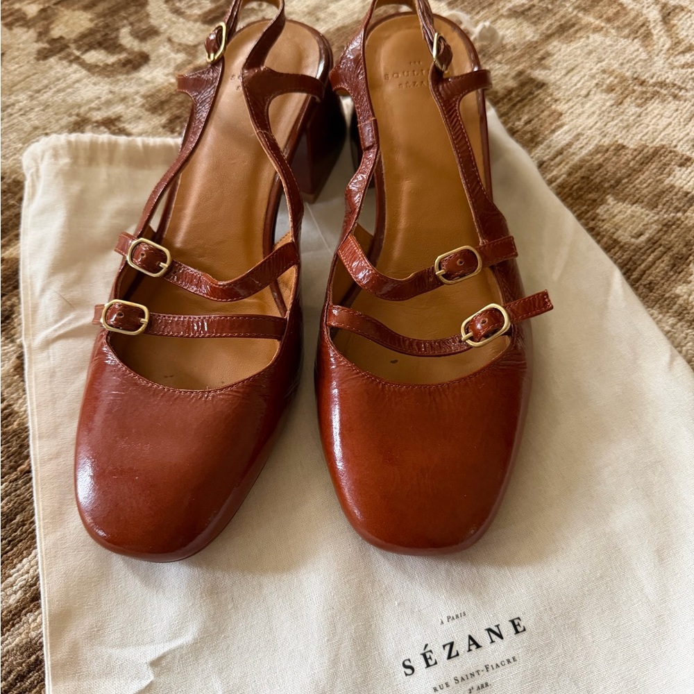 Sezane Brown Leather Strappy Block Heel Pumps